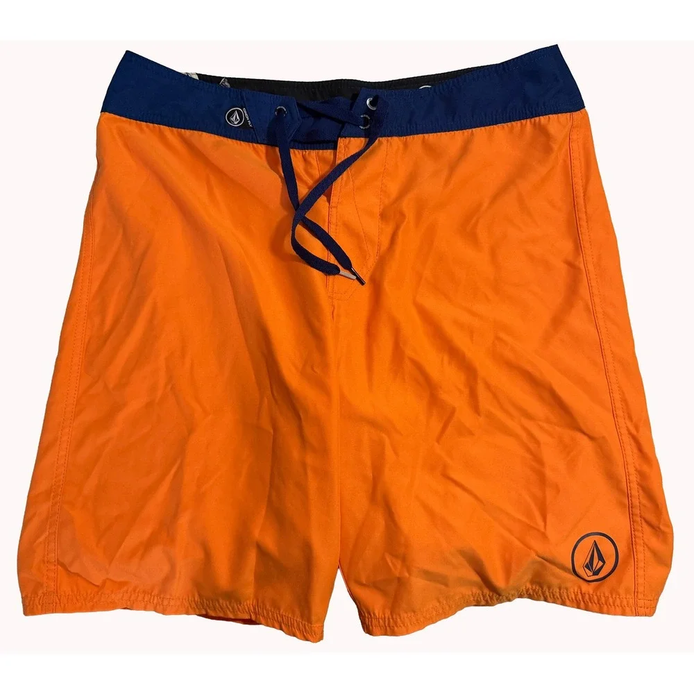 Volcom Board Shorts Mens 32 Orange Navy Blue Cinch Fly Swim Trunks A0811329